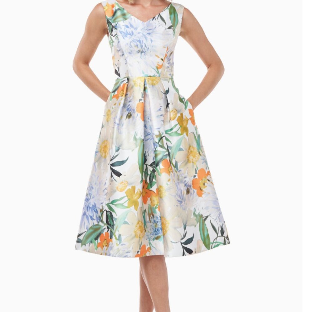 Kay Unger Irene Floral Print Mikado Cocktail Midi Dress Size 16 New